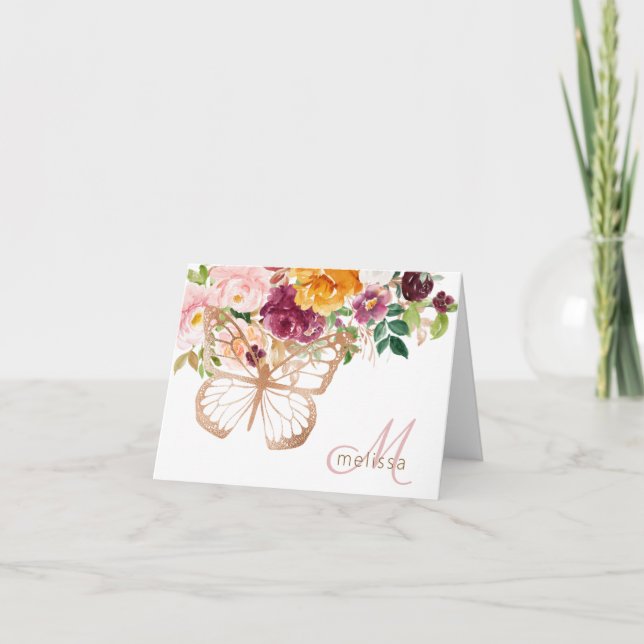 Rose Gold Butterfly & Watercolor Blumenstrauß (Vorderseite)