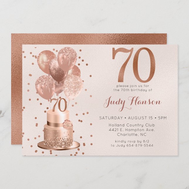 Rose Gold Cake 70th Birthday Invitation (Devant / Derrière)