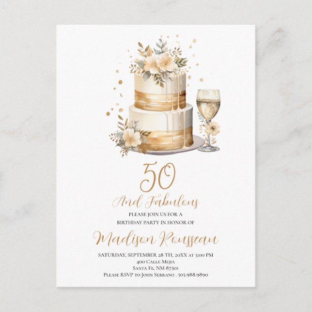 Rose Gold Cake Champagne 50. Geburtstag Einladungspostkarte (Vorderseite)