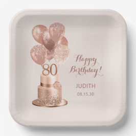 Rose Gold Cake Paper Plate 80. Geburtstag Pappteller