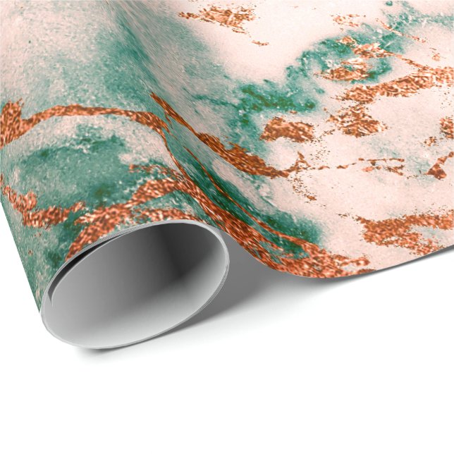 Rose Gold Cali Tief grünes Marmorstein Kupferholz Geschenkpapier (Rolleneckpunkt)