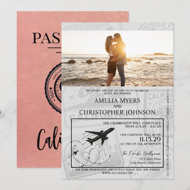 Rose Gold California Passport Wedding Einladung (Vorne/Hinten)