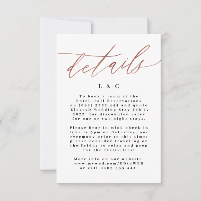 Rose Gold Calligraphie Moderne Hochzeitsszenierung RSVP Karte (Vorderseite)