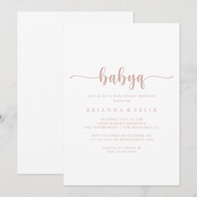 Rose Gold Calligraphy BabyQ Baby Shower Barbecue Einladung (Vorne/Hinten)