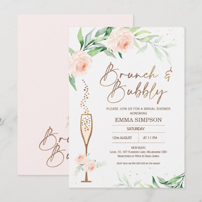 Rose Gold Calligraphy Floral Brautparty Einladung (Vorne/Hinten)