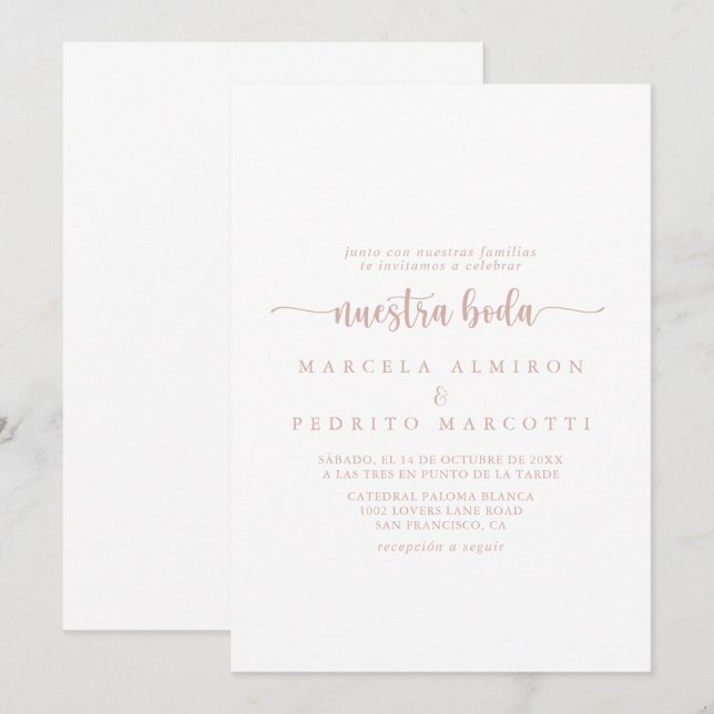 Rose Gold Calligraphy Nuestra Boda Wedding Einladung (Vorne/Hinten)