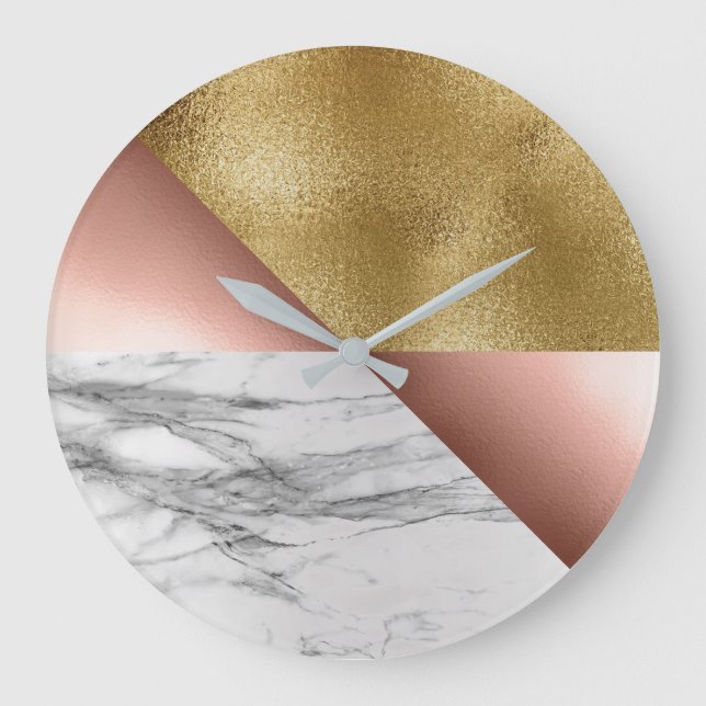 Rose Gold Carrara Marble Gray Geometry Metallic Große Wanduhr (Vorderseite)