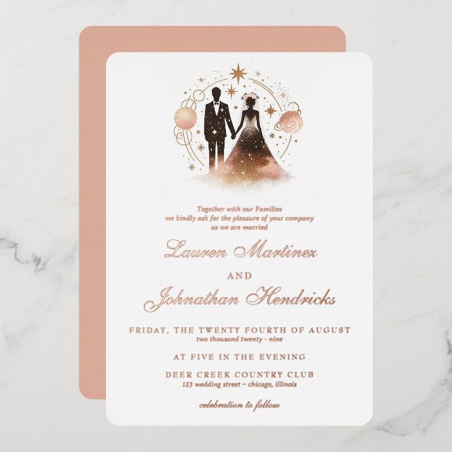 Rose Gold Celestial Wedding Folieneinladung (Vorderseite/Rückseite)