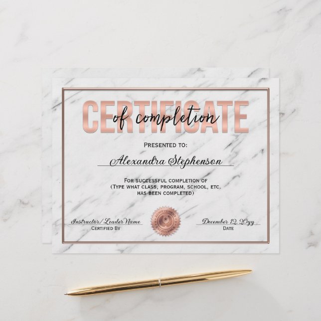 Rose Gold Certificate of Completion Course Award (Vorderseite/Rückseite Beispiel)