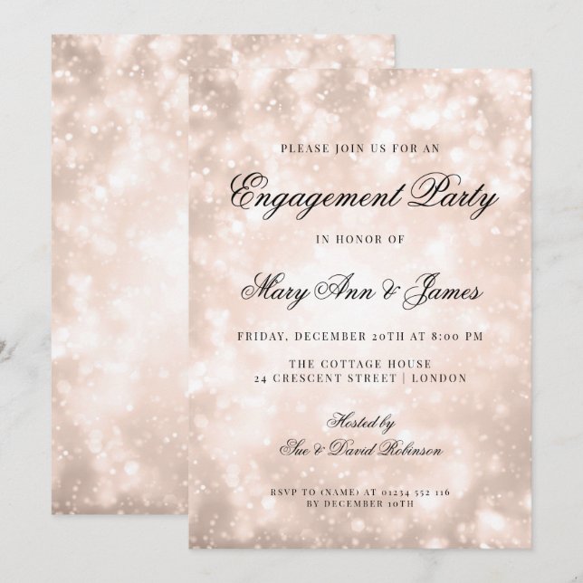 Rose Gold Champagne Bokeh Elegante Engagement Part Einladung (Vorne/Hinten)