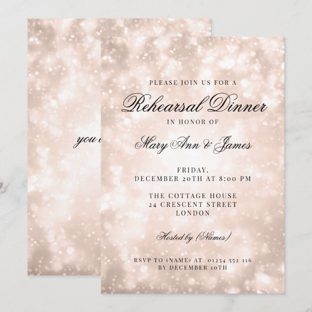 Rose Gold Champagne Bokeh Elegante Probe Abendesse Einladung (Vorne/Hinten)