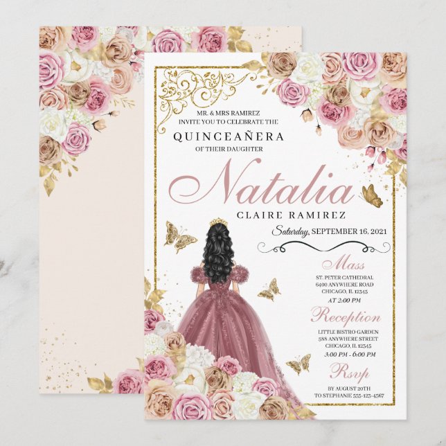 Rose Gold Champagne Butterfly Princess Quinceanera Einladung (Vorne/Hinten)