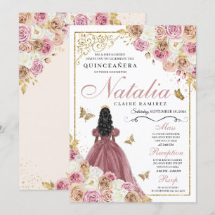 Rose Gold Champagne Butterfly Princess Quinceanera Einladung