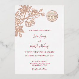 Rose Gold Cherry Blossom Chinesische Hochzeit Folieneinladung