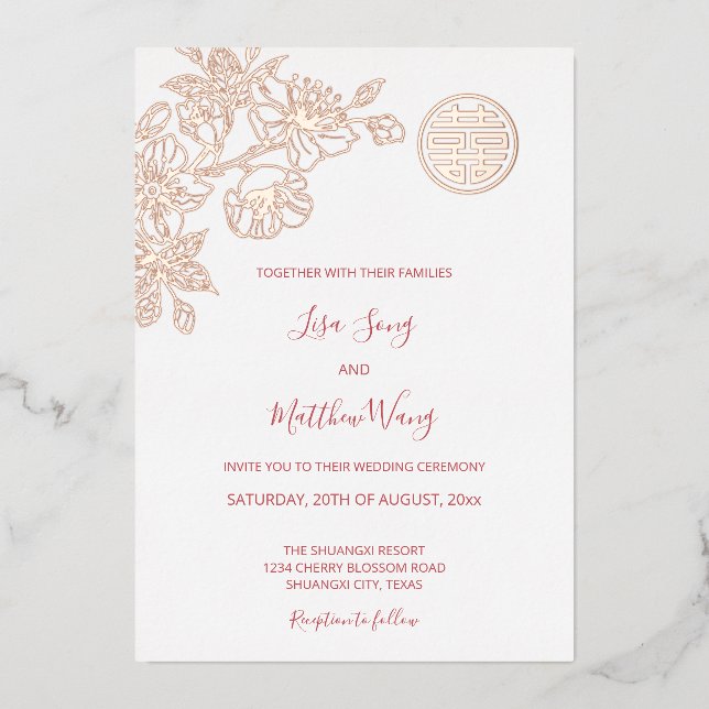 Rose Gold Cherry Blossom Chinesische Hochzeit Folieneinladung (Vorderseite)
