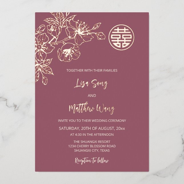 Rose Gold Cherry Blossom Chinesische Hochzeit Folieneinladung (Vorderseite)
