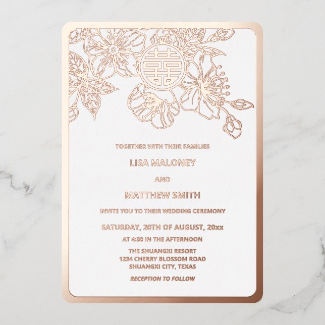Rose Gold Cherry Blossom Chinesische Hochzeit Folieneinladung (Vorderseite)