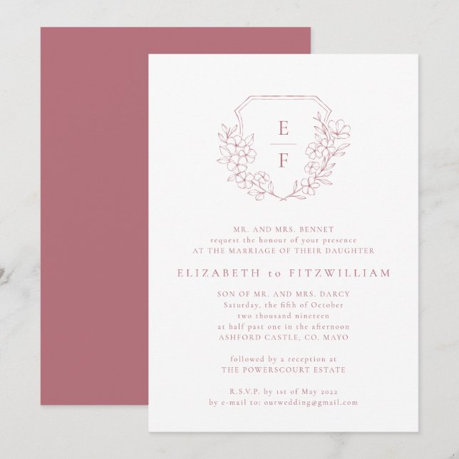 Rose Gold Cherry Blüten Wappen Monogramm Hochzeit Einladung (Vorne/Hinten)