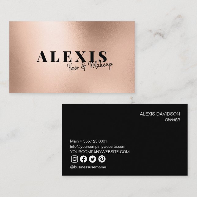 Rose Gold Chic Einfach Haare und Makeup Business Visitenkarte (Vorne/Hinten)