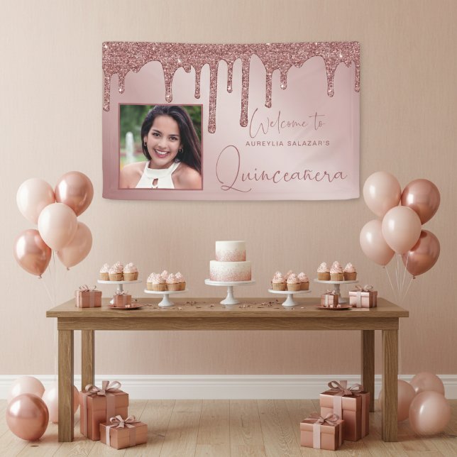 Rose Gold Chic Tropfen Quinceanera Banner (Rose Gold Sparkle Glitter Drips Quinceanera Banner)