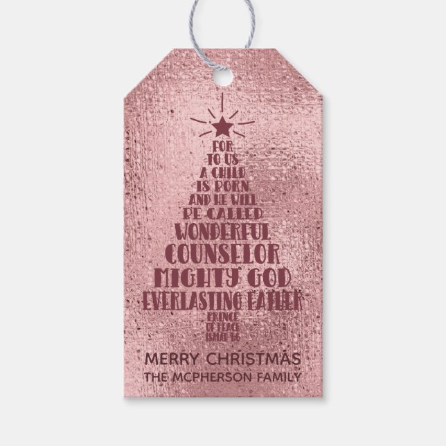 Rose Gold Christliche Weihnachtsschrift - Name hin Geschenkanhänger (Vorderseite)