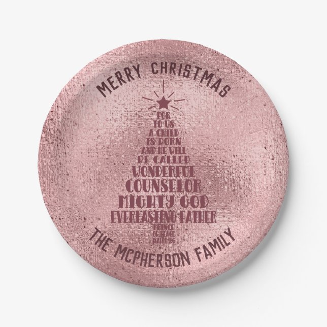Rose Gold Christliche Weihnachtsschrift - Name hin Pappteller (Vorderseite)
