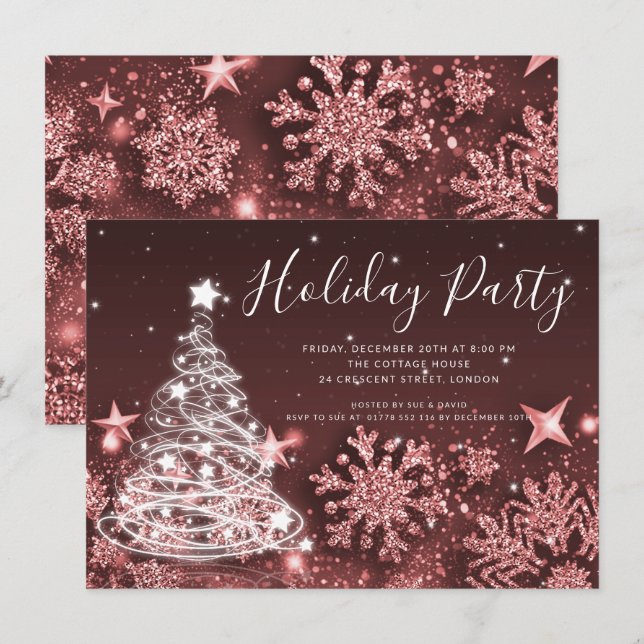 Rose Gold Christmas Tree Fête de Noël Invitation (Devant / Derrière)
