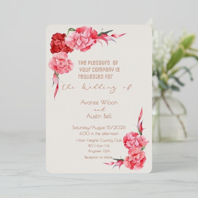 Rose Gold Cloud Dancer White Pink Carnations Folieneinladung (Stehend vorne)