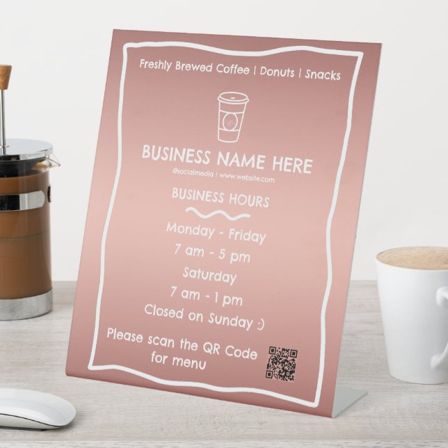Rose Gold Coffee Cup Café Öffnungszeiten QR Code Sockelschild (In Situ)