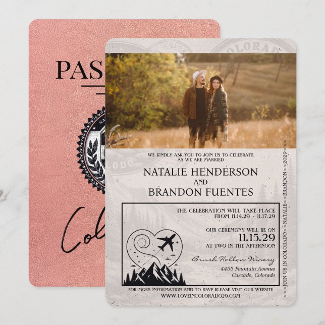 Rose Gold Colorado Passport Hochzeit Einladung (Vorne/Hinten)