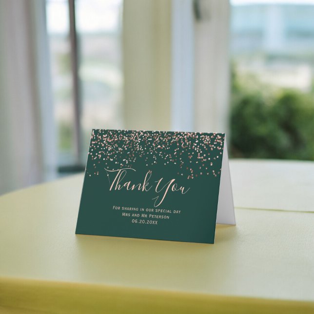 Rose gold conetti Smaragdtypografie danke Karte (Rose gold confetti emerald typography thank you card)
