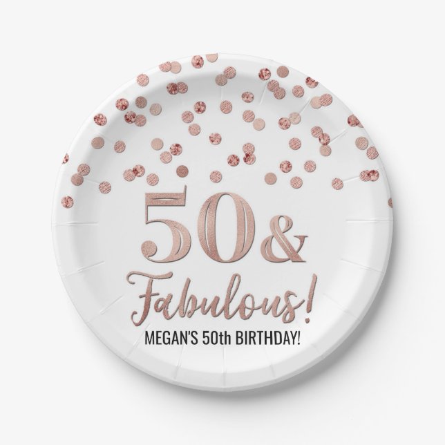 Rose Gold Confetti 50 und fabelhafter Geburtstag Pappteller (Vorderseite)