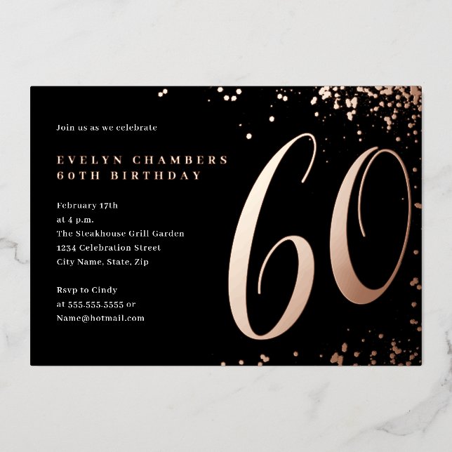 Rose Gold Confetti 60. Geburtstag Folieneinladung (Vorderseite)