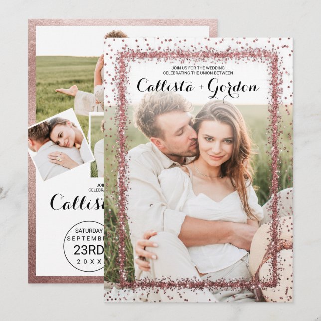 Rose Gold Confetti Border Foto Collage Wedding Einladung (Vorne/Hinten)