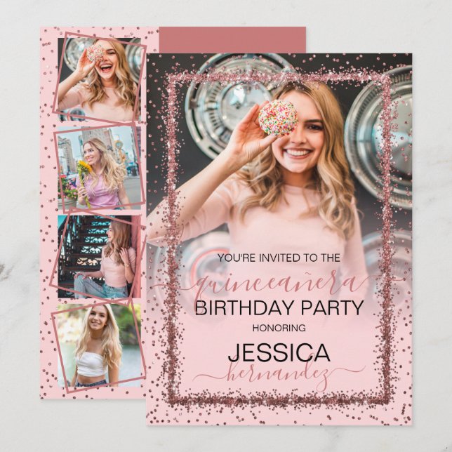Rose Gold Confetti Border Foto Quinceañera Einladung (Vorne/Hinten)