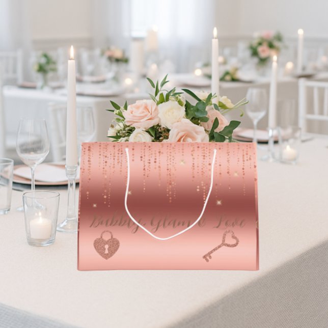 Rose Gold Confetti Brautparty Große Geschenktüte (Bubbly, glam & love — the perfect rose gold sparkle bag for luxe bridal shower gifting)