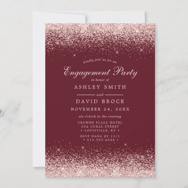 Rose Gold Confetti Burgund Moderne Verlobung Einladung (Vorderseite)