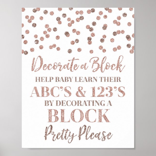 Rose Gold Confetti Dekorieren Blockspiel-Zeichen Poster (Vorne)