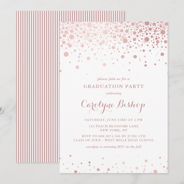 Rose Gold Confetti Dots Graduation Party Einladung (Vorne/Hinten)