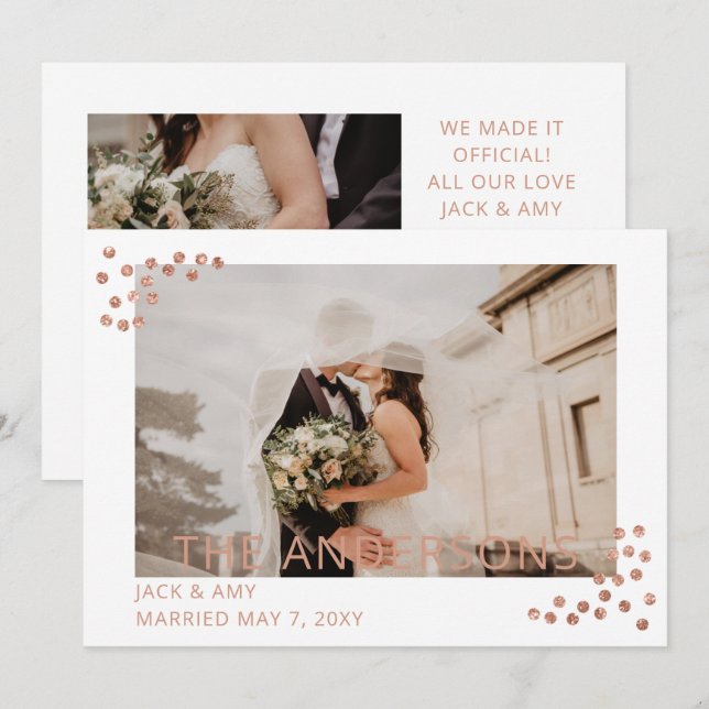 Rose Gold Confetti Foto Hochzeitsankündigung Einladung (Vorne/Hinten)