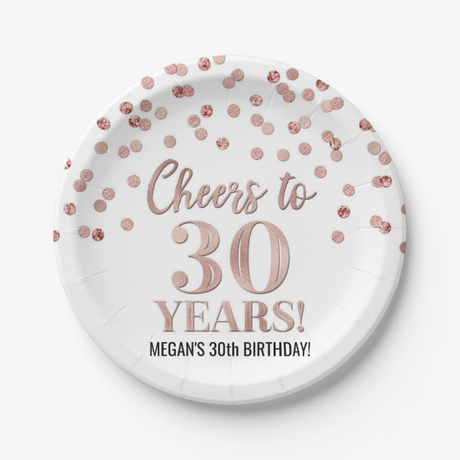 Rose Gold Confetti freut sich auf 30 Jahre Geburts Pappteller (Vorderseite)
