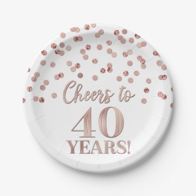 Rose Gold Confetti freut sich auf 40 Jahre Geburts Pappteller (Vorderseite)