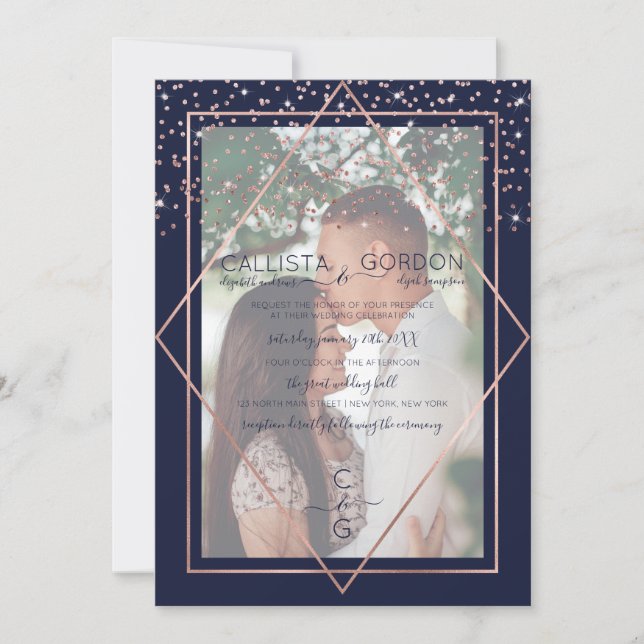 Rose Gold Confetti Geo Border Foto Hochzeit Einladung (Vorderseite)