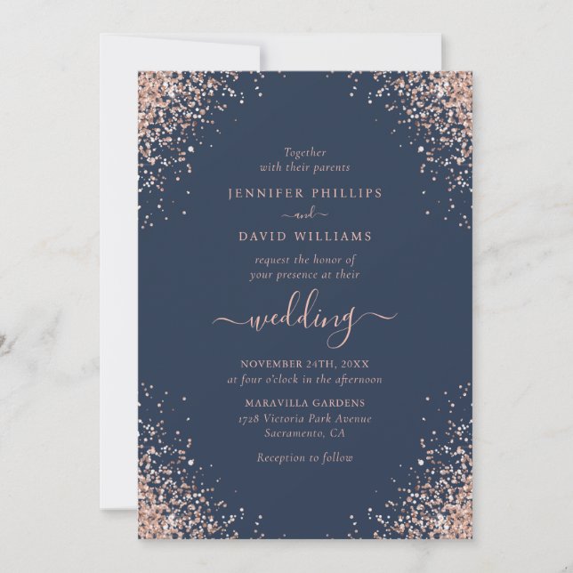 Rose Gold Confetti Glitzer Navy Blue Wedding Einladung (Vorderseite)