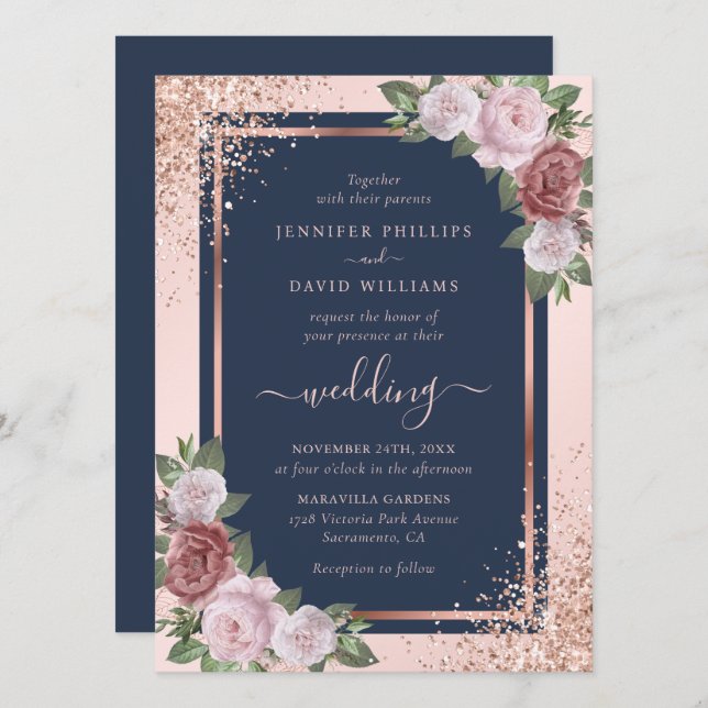 Rose Gold Confetti Glitzer Navy Blush Hochzeit Einladung (Vorne/Hinten)