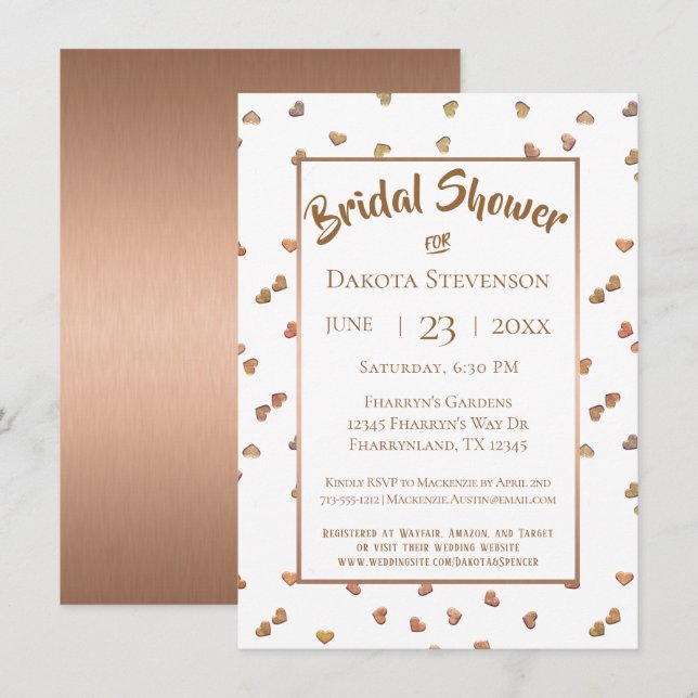 Rose Gold Confetti Herz Modernes Brautparty Einladung (Vorne/Hinten)