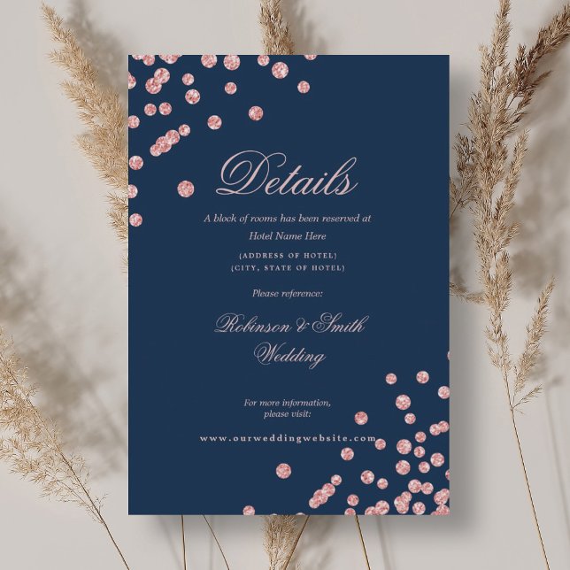 Rose Gold Confetti Hochzeitsdetails Navy Blue Begleitkarte (Rose Gold Confetti Wedding Details Navy Blue Enclosure Card)