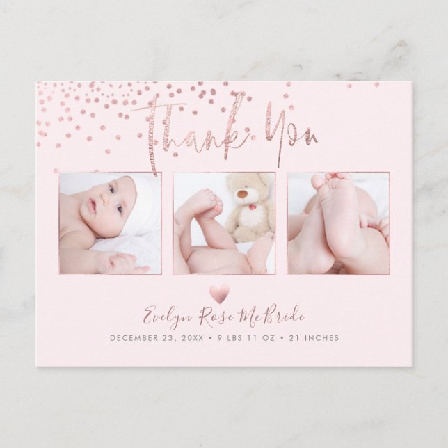 Rose Gold Confetti Modernes Drehbuch Vielen Dank Postkarte (Vorderseite)