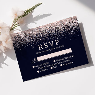 Rose Gold Confetti Navy Blue Modern Wedding RSVP Karte