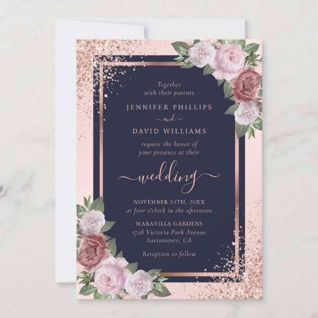 Rose Gold Confetti Navy Blush Blues Hochzeit Einladung (Vorderseite)